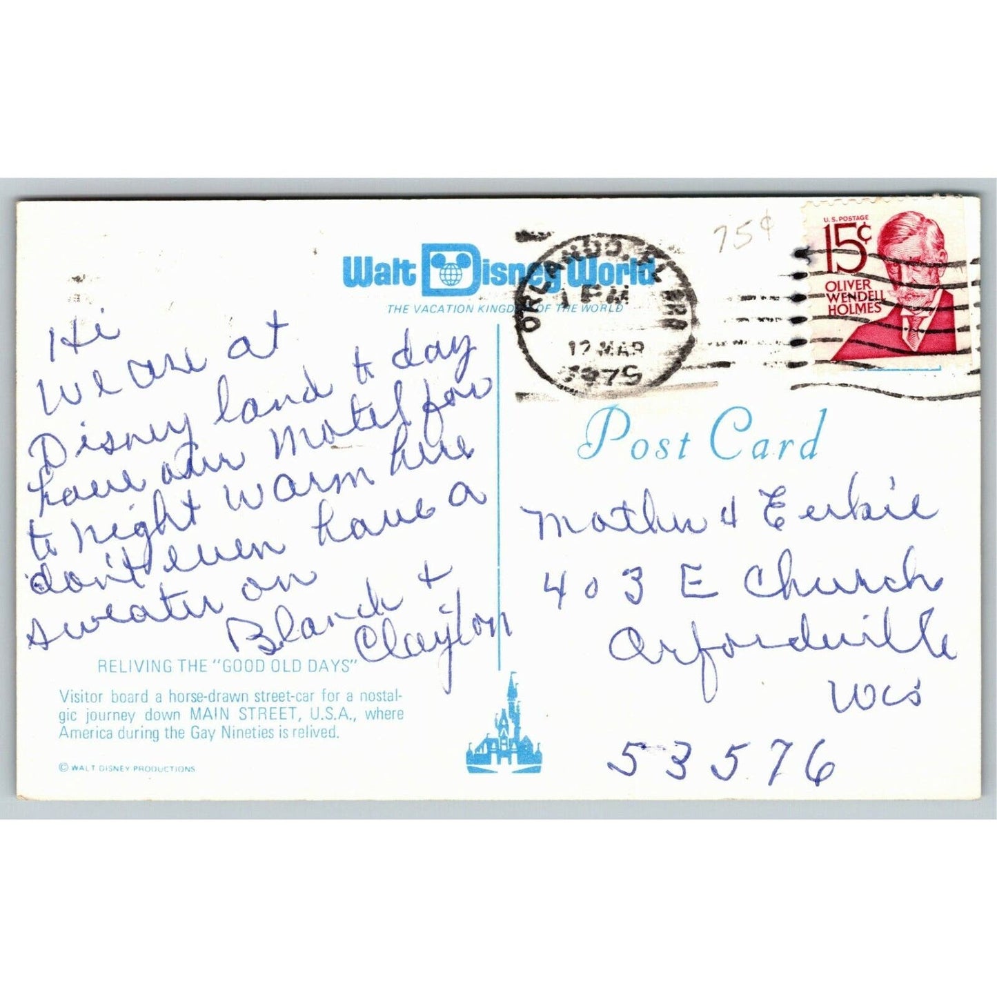 Vintage Disney World Postcard - "Reliving The Good Old Days" (Trolley Main St)