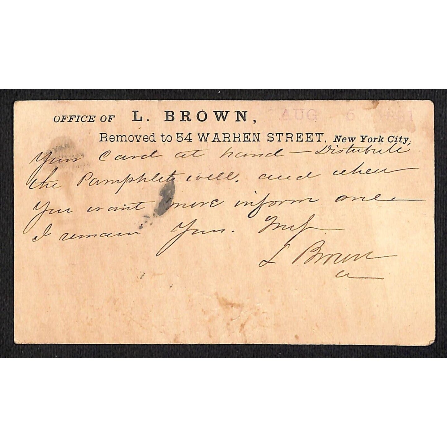 1881 L. Brown 54 Warren St. New York City / Newburgh, ME Postal Card