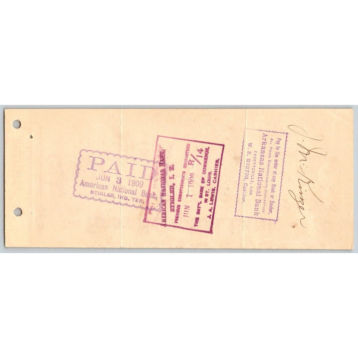 Stigler, Oklahoma 1909Bank Check - Wiley Spessar Poll and Billiard Hall