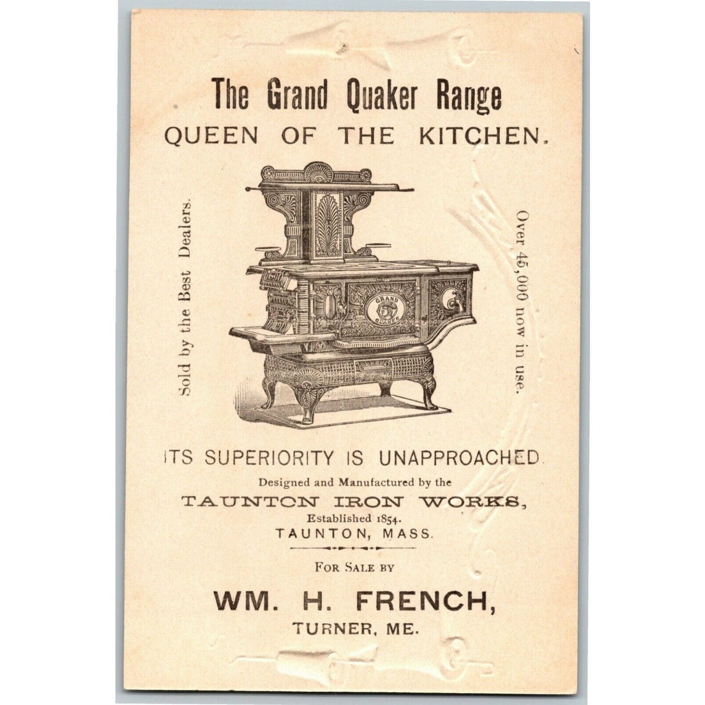 1893 Chicago Fair Trade Card Taunton Iron Quaker Range Wm. French Turner, ME