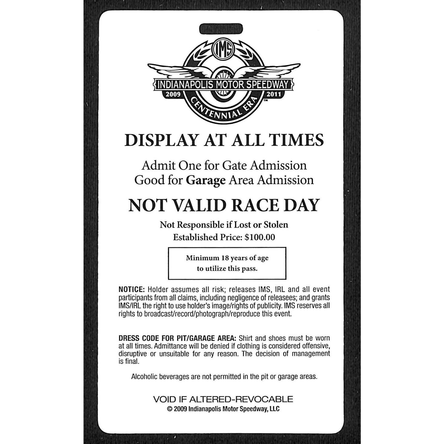 2009 Indy 500 Garage Access Ticket Pass Indianapolis IMS #3567 VGC