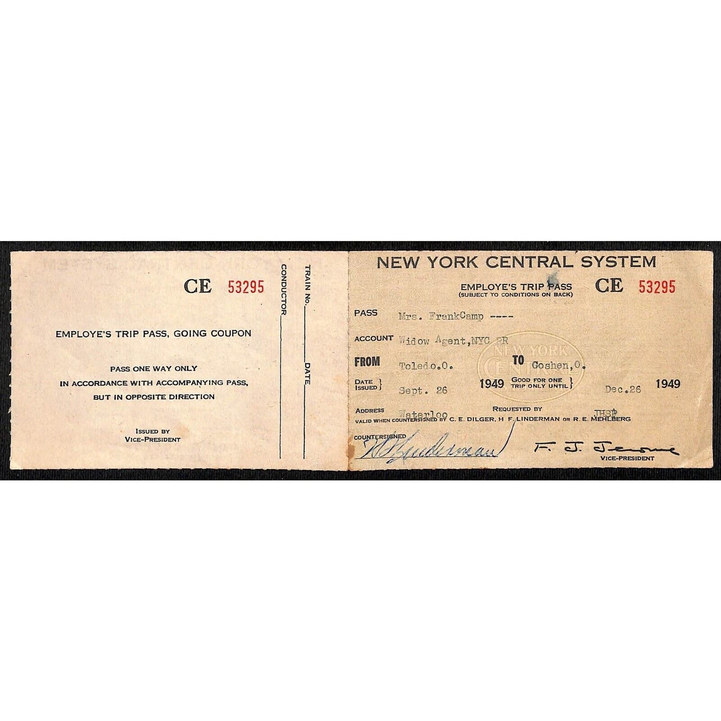 New York Central System Railroad 1949 Employe's Trip Pass #53295