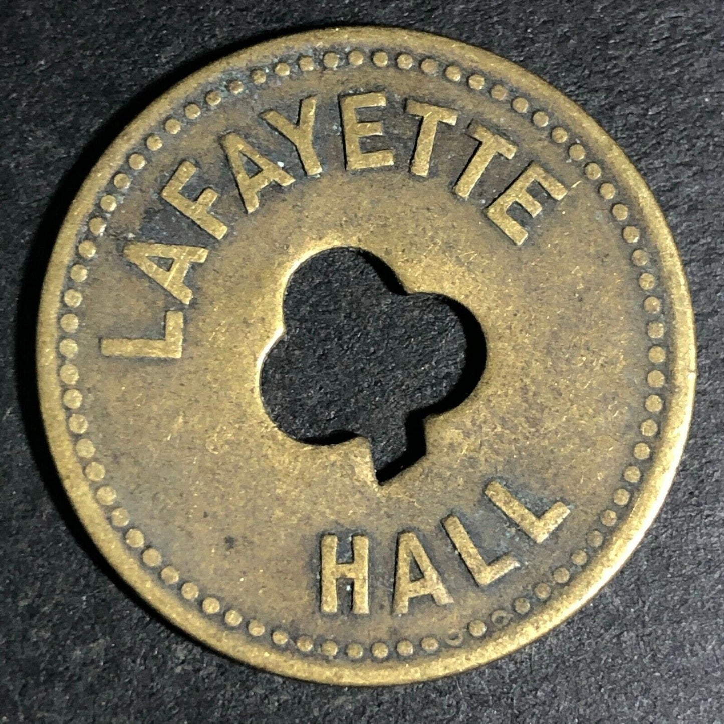 24.5mm Brass Lafayette Hall (Saloon Sacramento, CA) Token Clover Shamrock (#49)