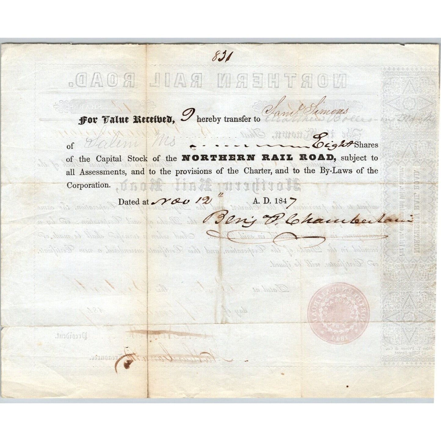 1847 Boston, MA Northern Railroad Stock Certificate No. 962 for 18 Shares