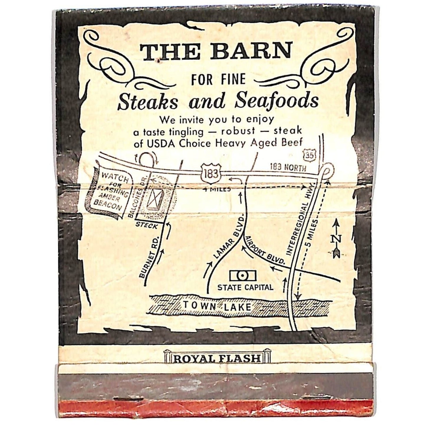 "The Barn" Restaurant Austin, TX Empty Matchbook Cover c1965-74 "Gay Nineties"
