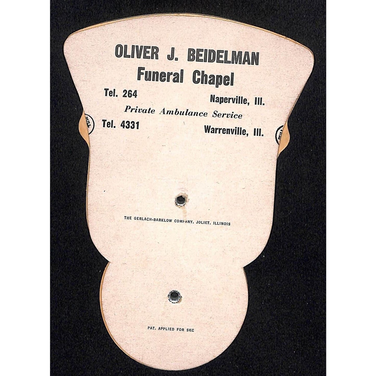 Naperville, IL Oliver J. Beidelman Funeral Chapel / Ambulance Hand Fan c1950