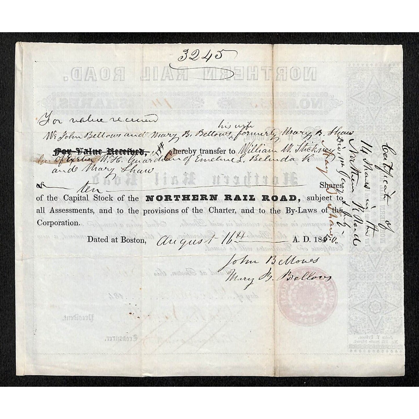 1847 Northern Railroad Stock Certificate w/ Affixed 1850 ALS Transfer Letter