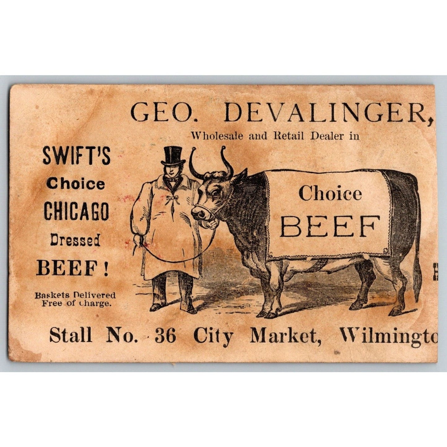 Geo. Devalinger Swift Beef Wilmington Victorian Trade Card Girl Dress Parasol