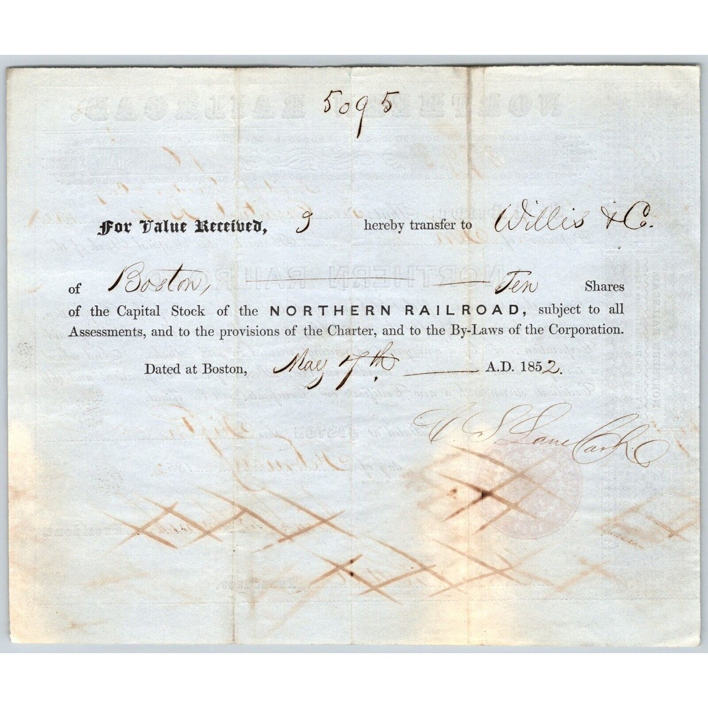 1852 Boston, MA Northern Railroad Stock Certificate No. 8798 for 10 Shares