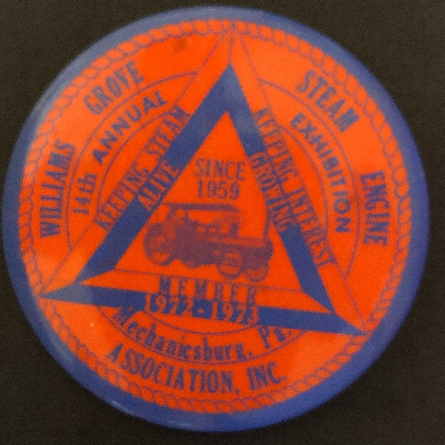 1972-73 Williams Grove Steam Engine Historical Mechanicsburg, PA Pin Back Button