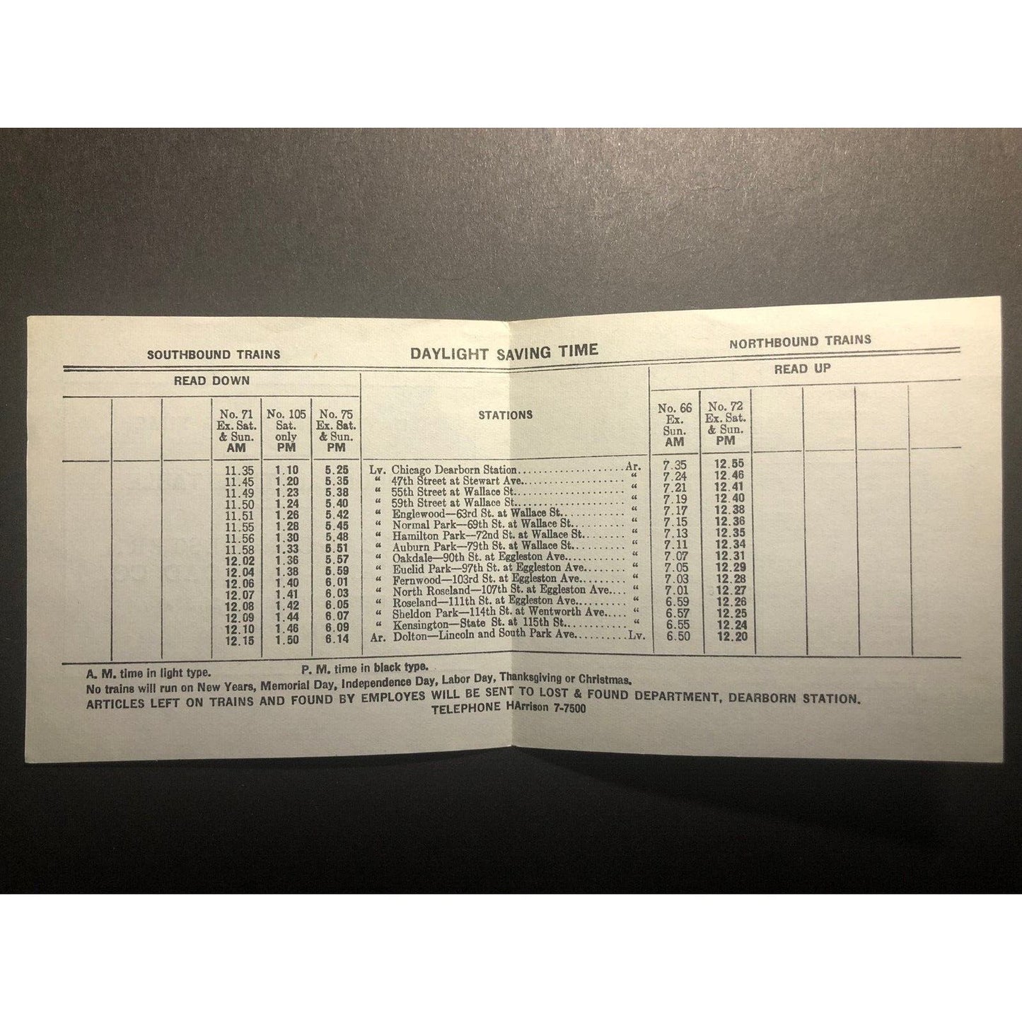 1960 Chicago & Western Indiana Railroad Suburban Time Table Daylight Savings VGC