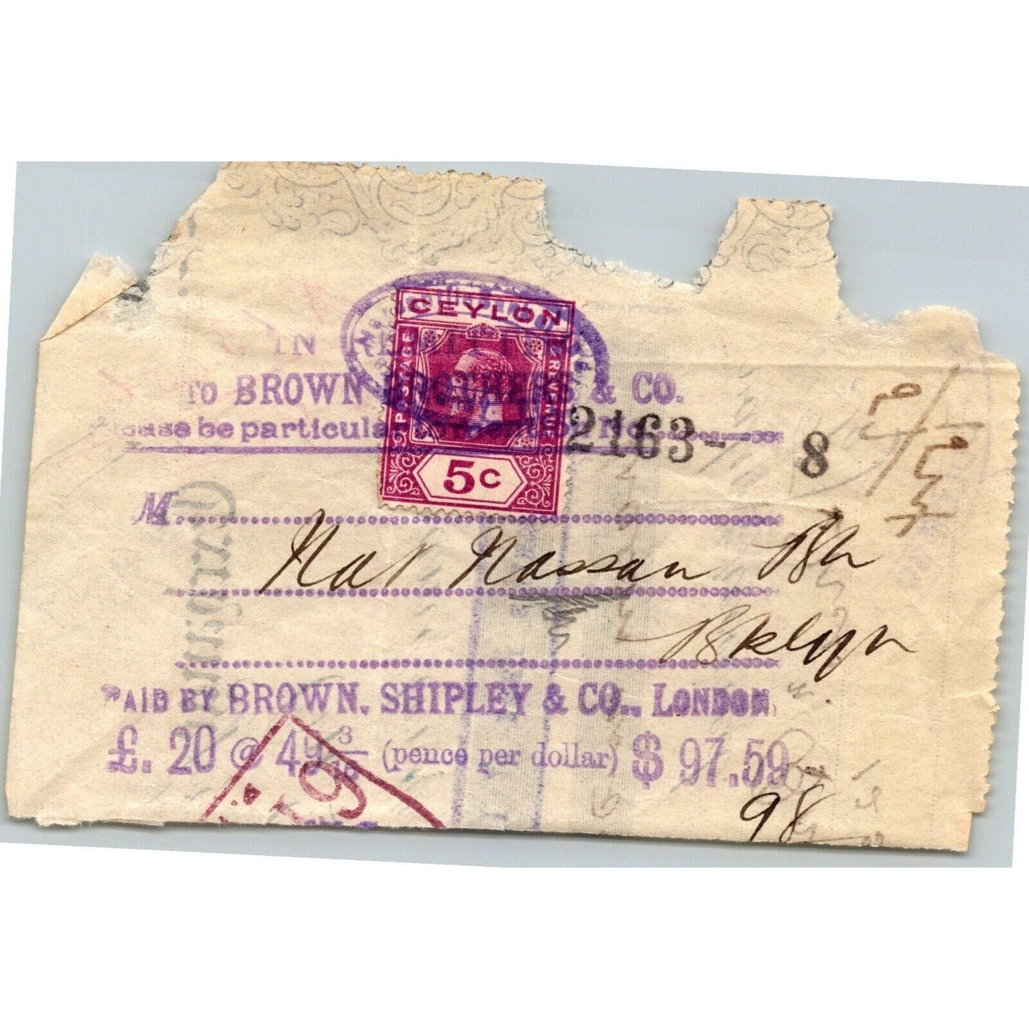1914 Mercantile Bank of India / Brown, Shipley & Co. London - Bank Check