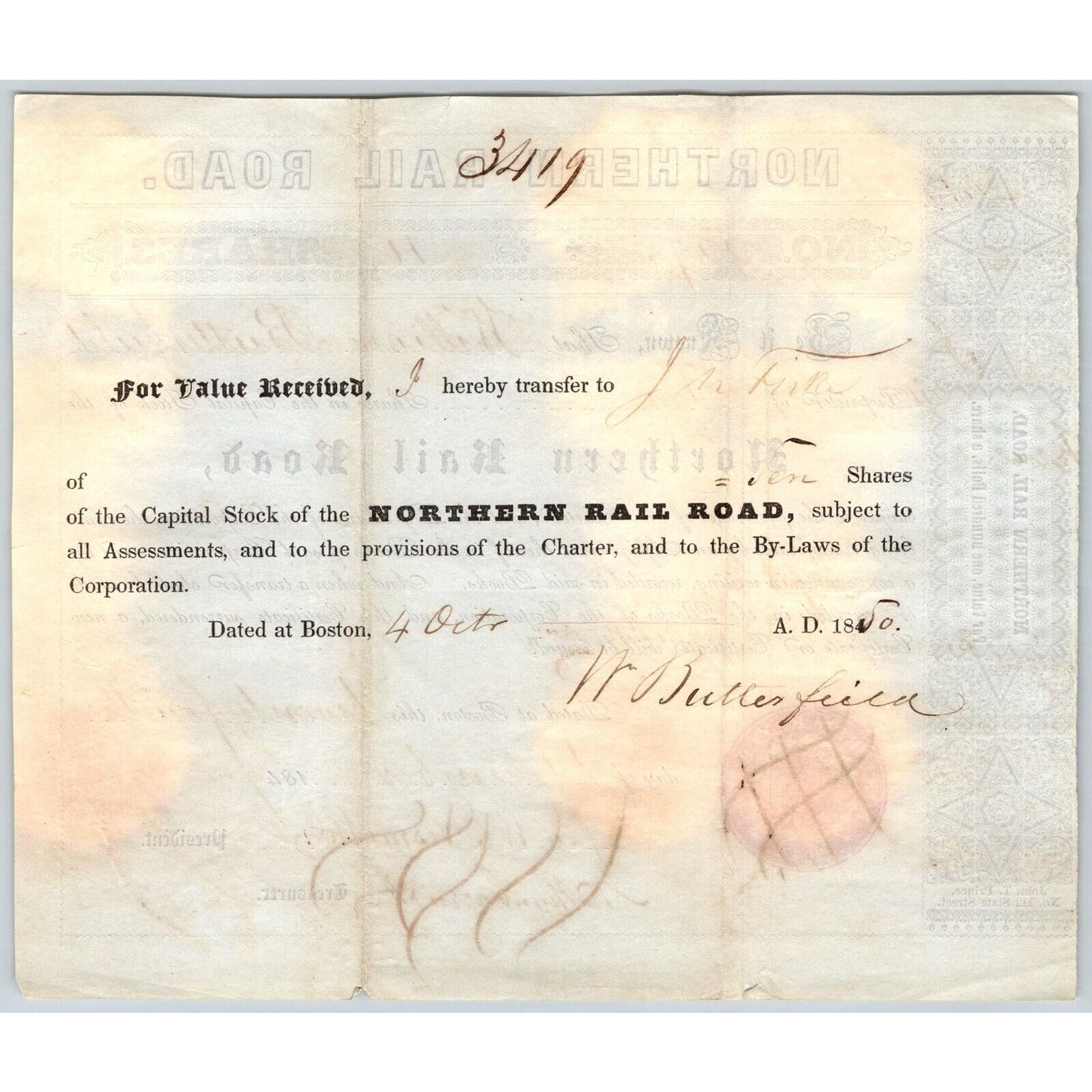 1847 Boston, MA Northern Railroad Stock Certificate No. 2275 for 10 Shares