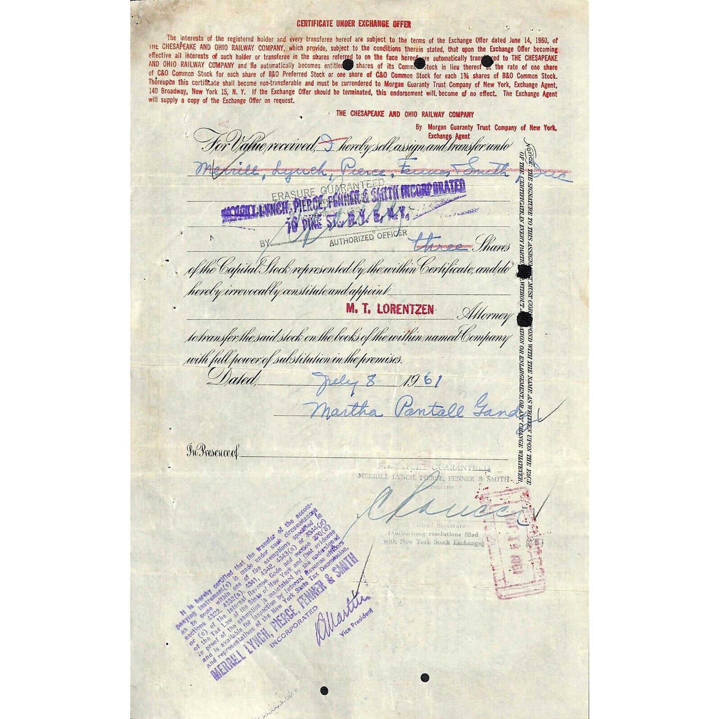 Stock Certificate - 1925 Baltimore & Ohio Railroad to: Martha Pantall Gandy