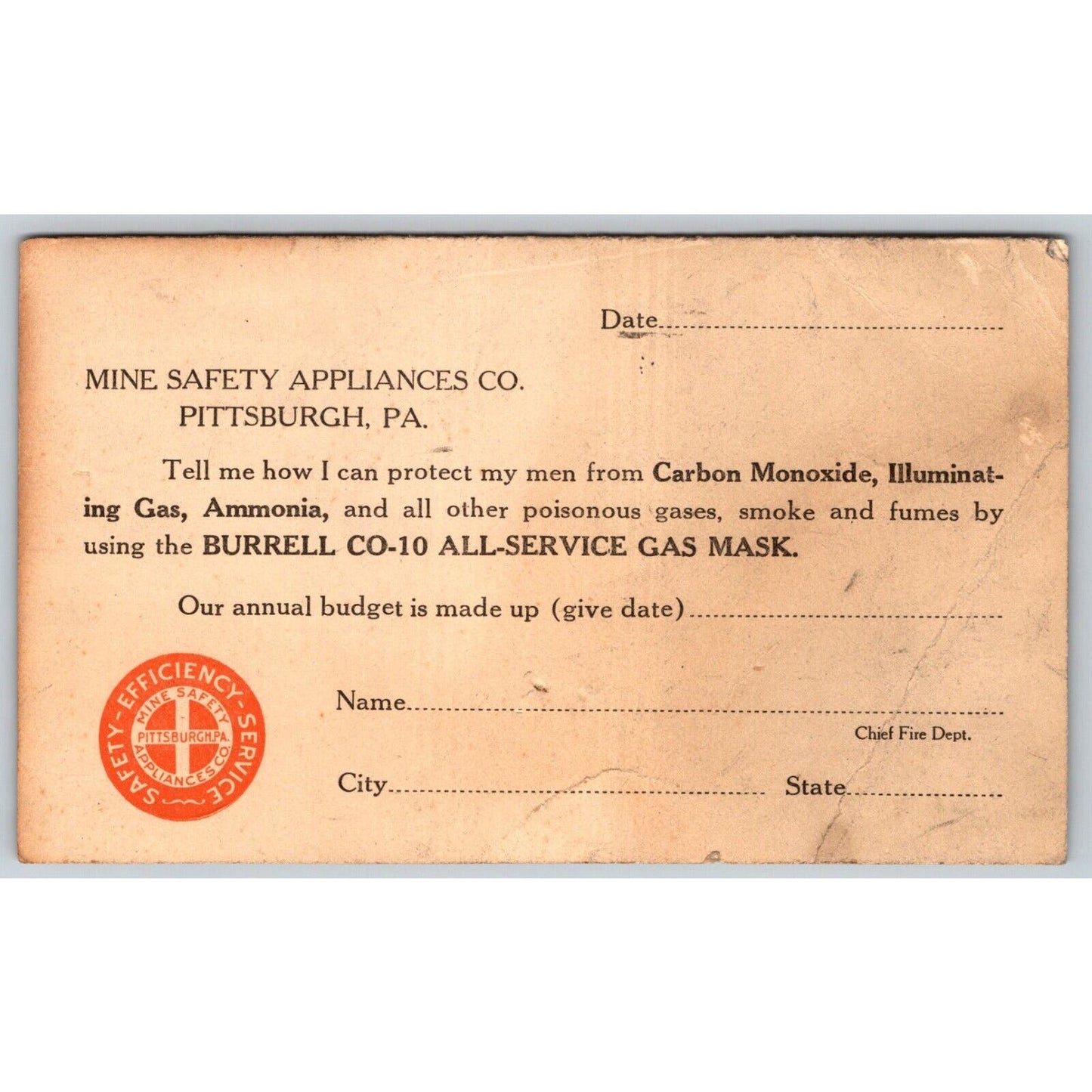 Mine Safety Appliances Co. Gas Mask Pittsburgh Reply Postcard c1920's Scarce