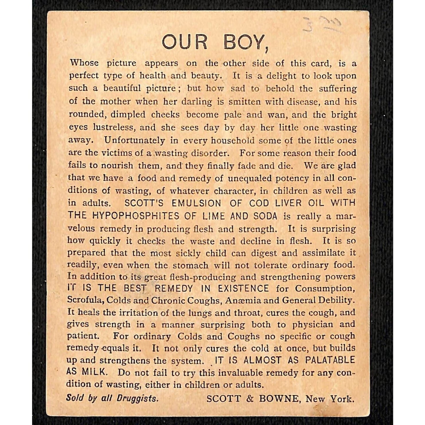 "Our Boy" Scott & Bowne - Scott's Emulsions Victorian Trade Card