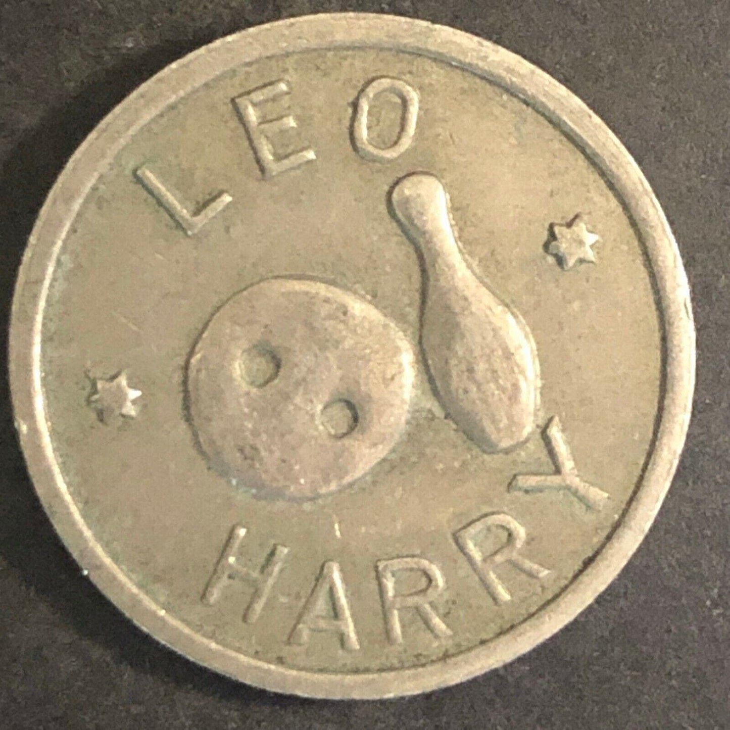 Vintage 20mm Brass "Leo Harry" Token - w/ Bowling Ball and Pin