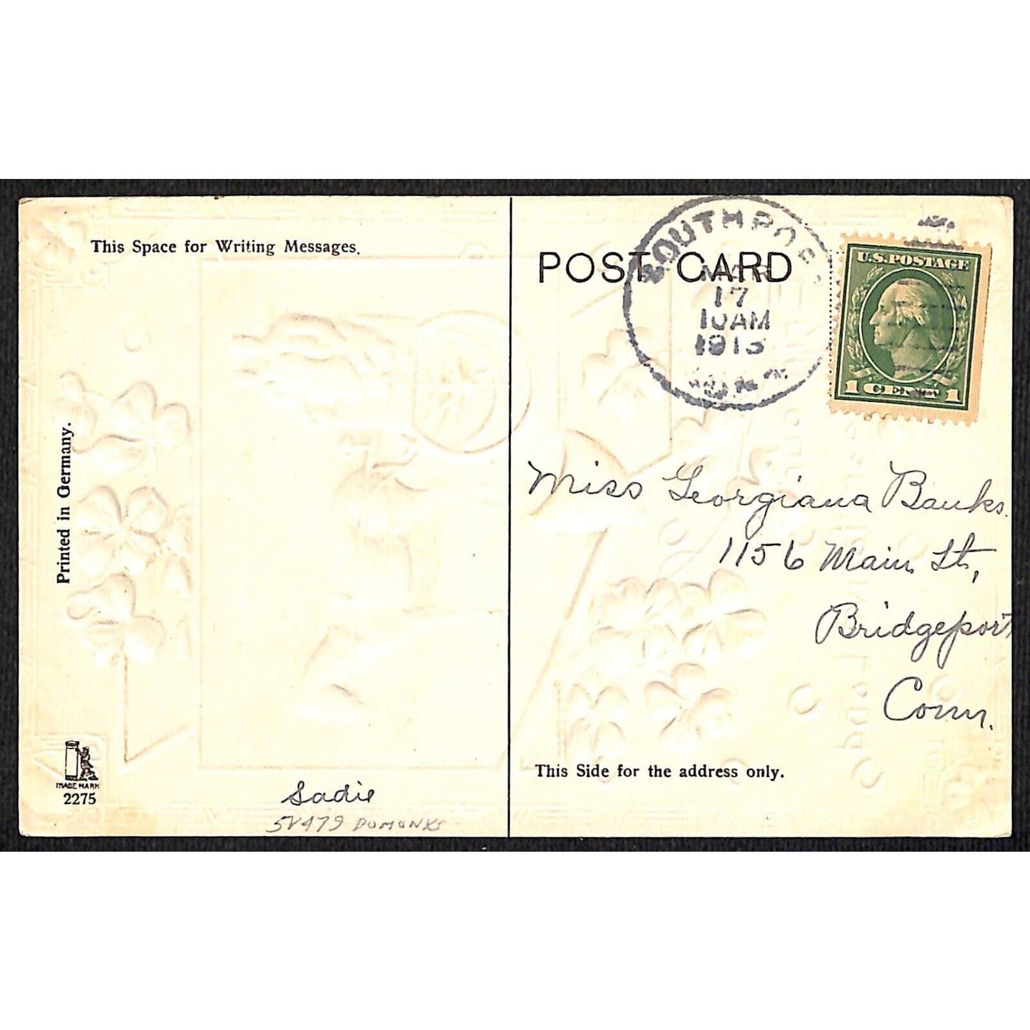 Ireland Postcard Clovers Pipe Horse Carriage Shoes Emboss w/ Gilt PM1913