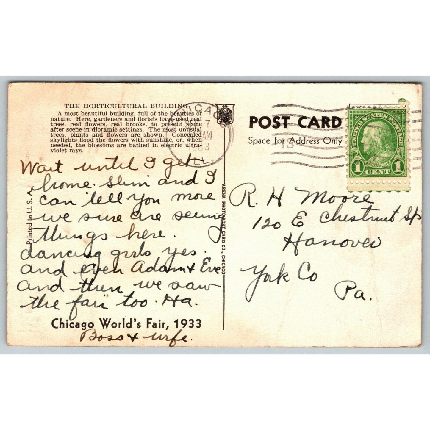 Vintage Postcard 1933 Chicago World's Fair "Horticultural Building"