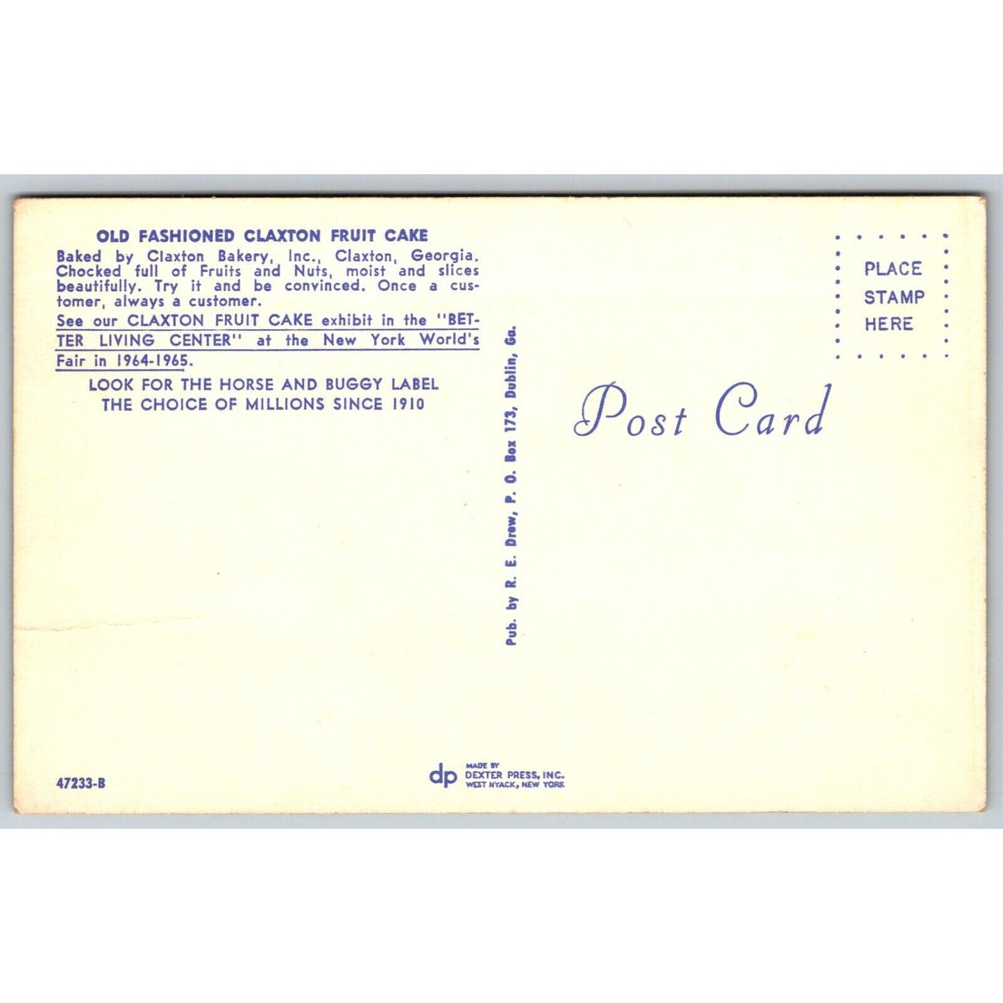 Old Fashioned Claxton Fruit Cake Adv Postcard c1964 w/ World's Fair Mention VGC