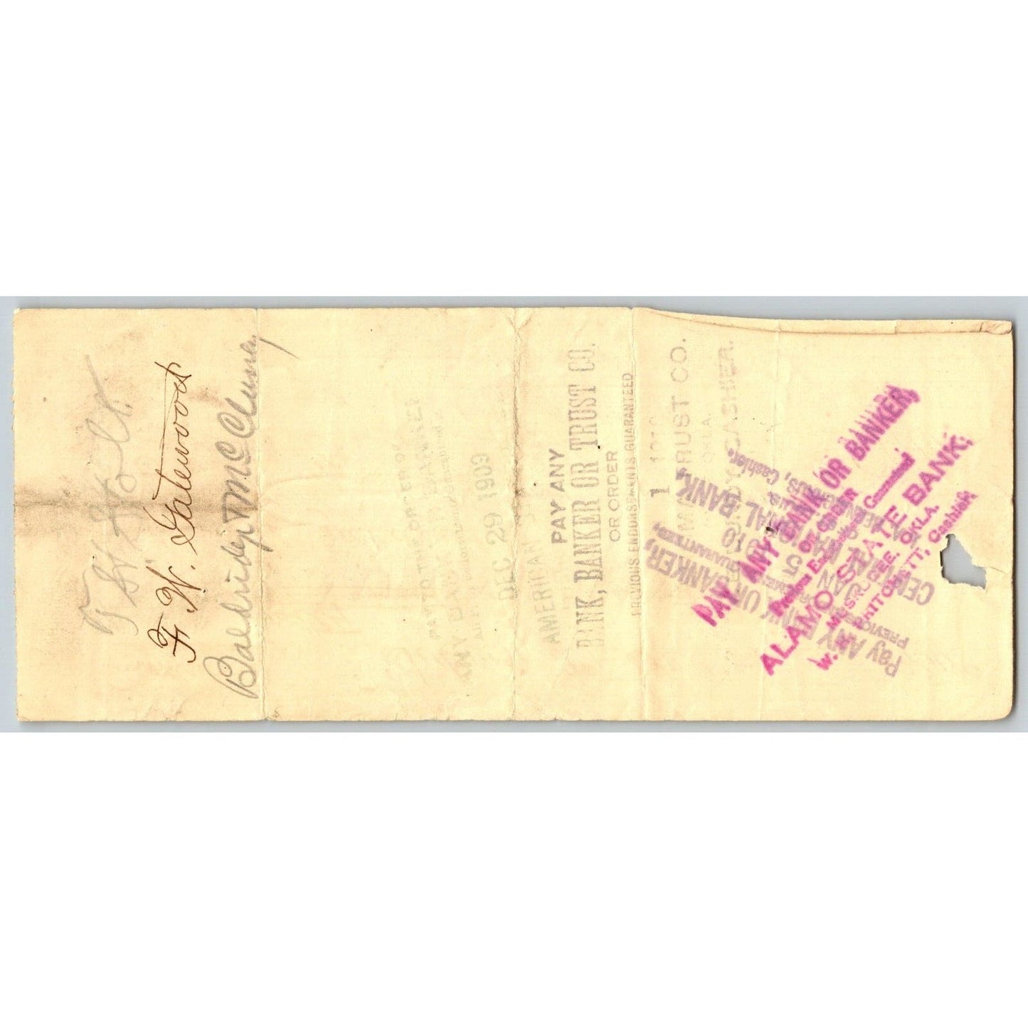 Ardmore, OK 1907 Indian Territory* City National Bank Check $45 - Scarce