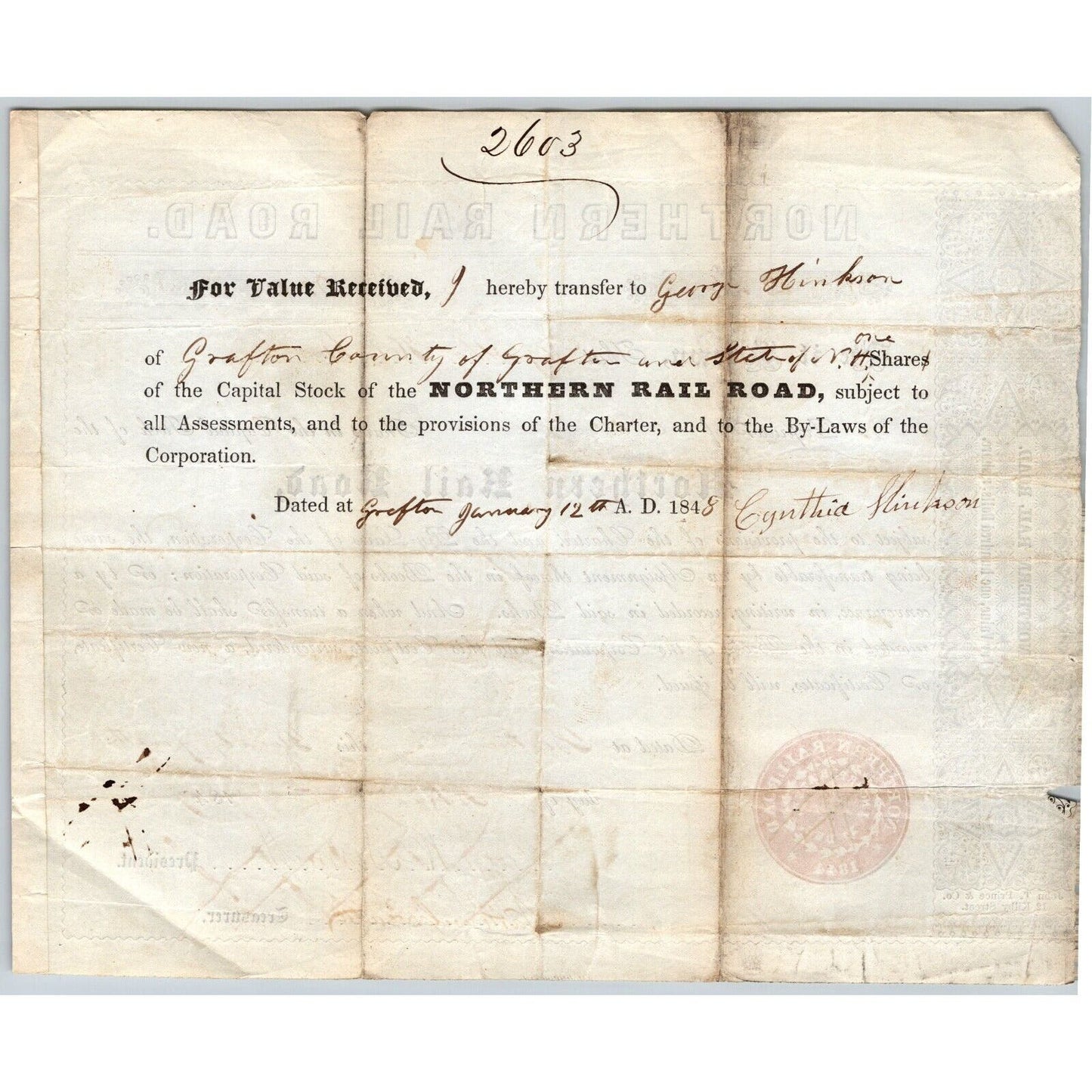 1847 Boston, MA Northern Railroad Stock Certificate LOW No. 286 for 1 Share