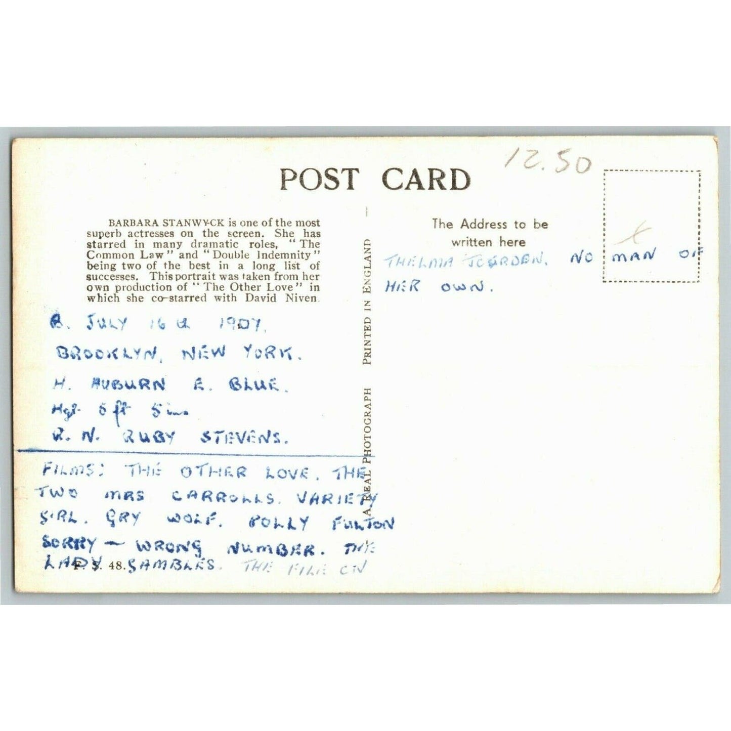 Barbara Stanwyck RPPC Postcard - Ken Prag Collection - VGC