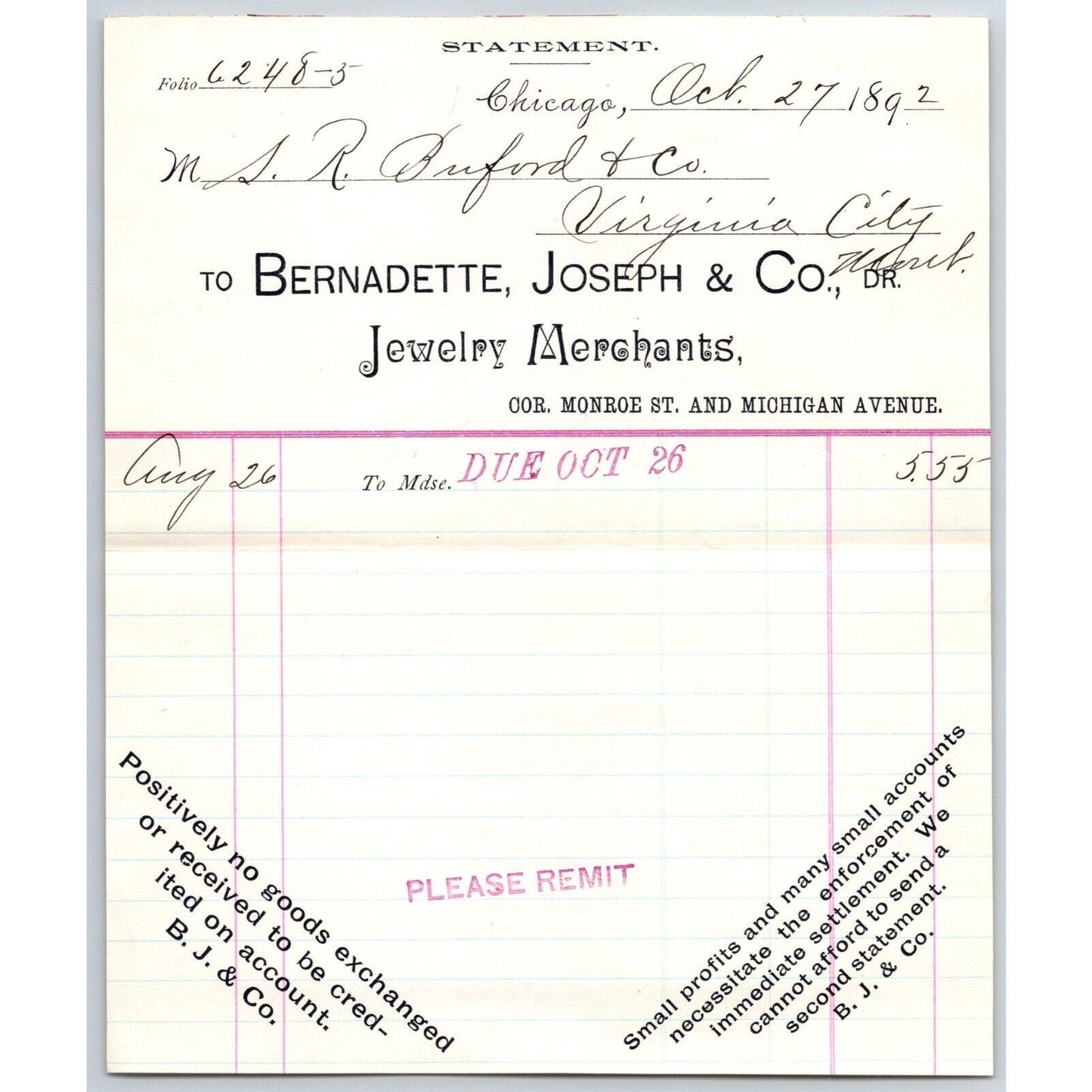 Chicago Bernadette, Joseph & Co Jewelry Merchants Buford 1892 Billhead Statement