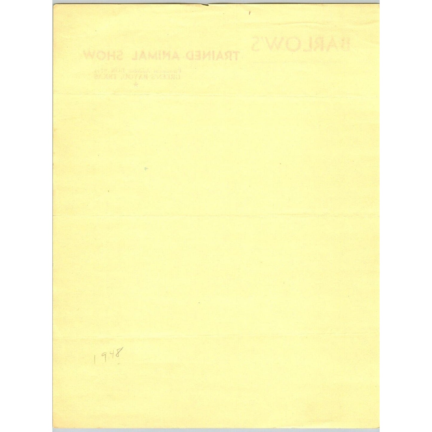 Barlow's Trained Animal Show Circus Letterhead c1948 Green's Bayou, TX Scarce