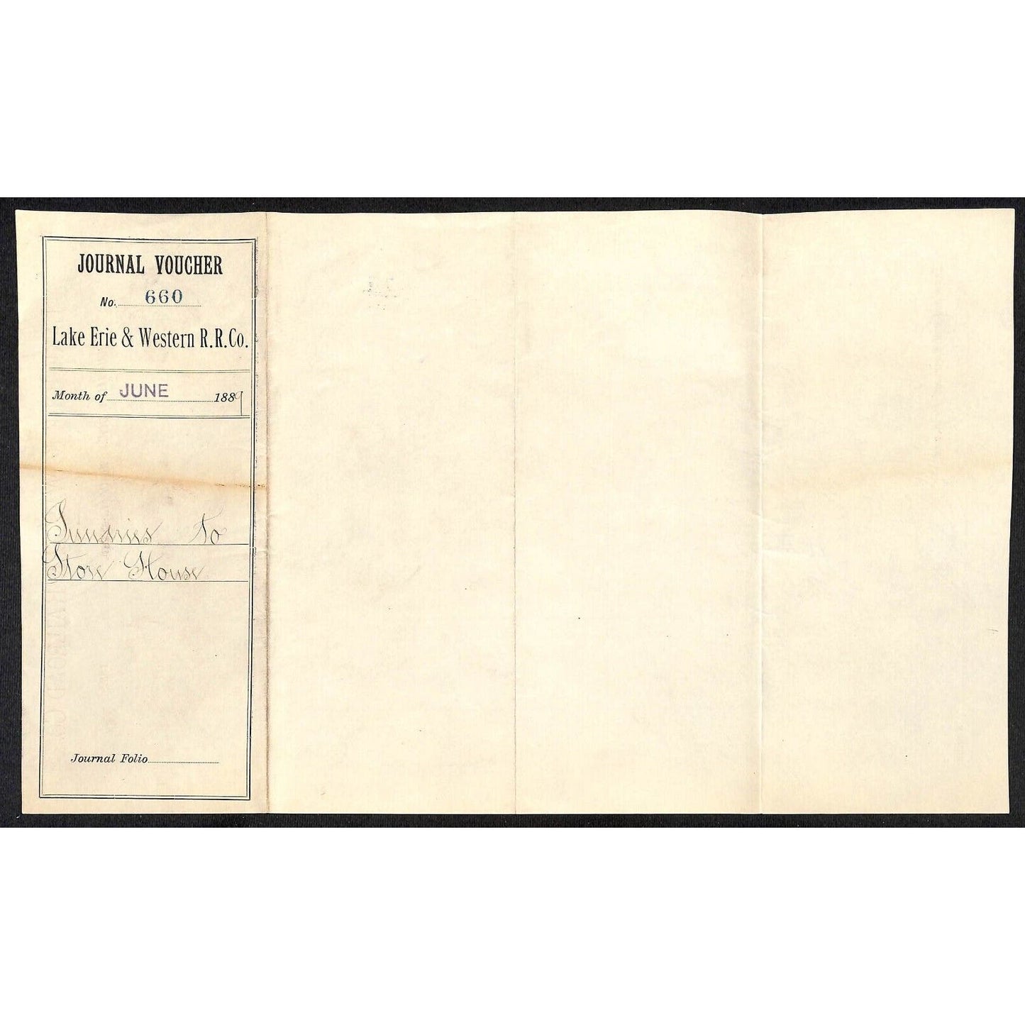 Lake Erie & Western June 1889 Railroad Journal Voucher Scarce VGC