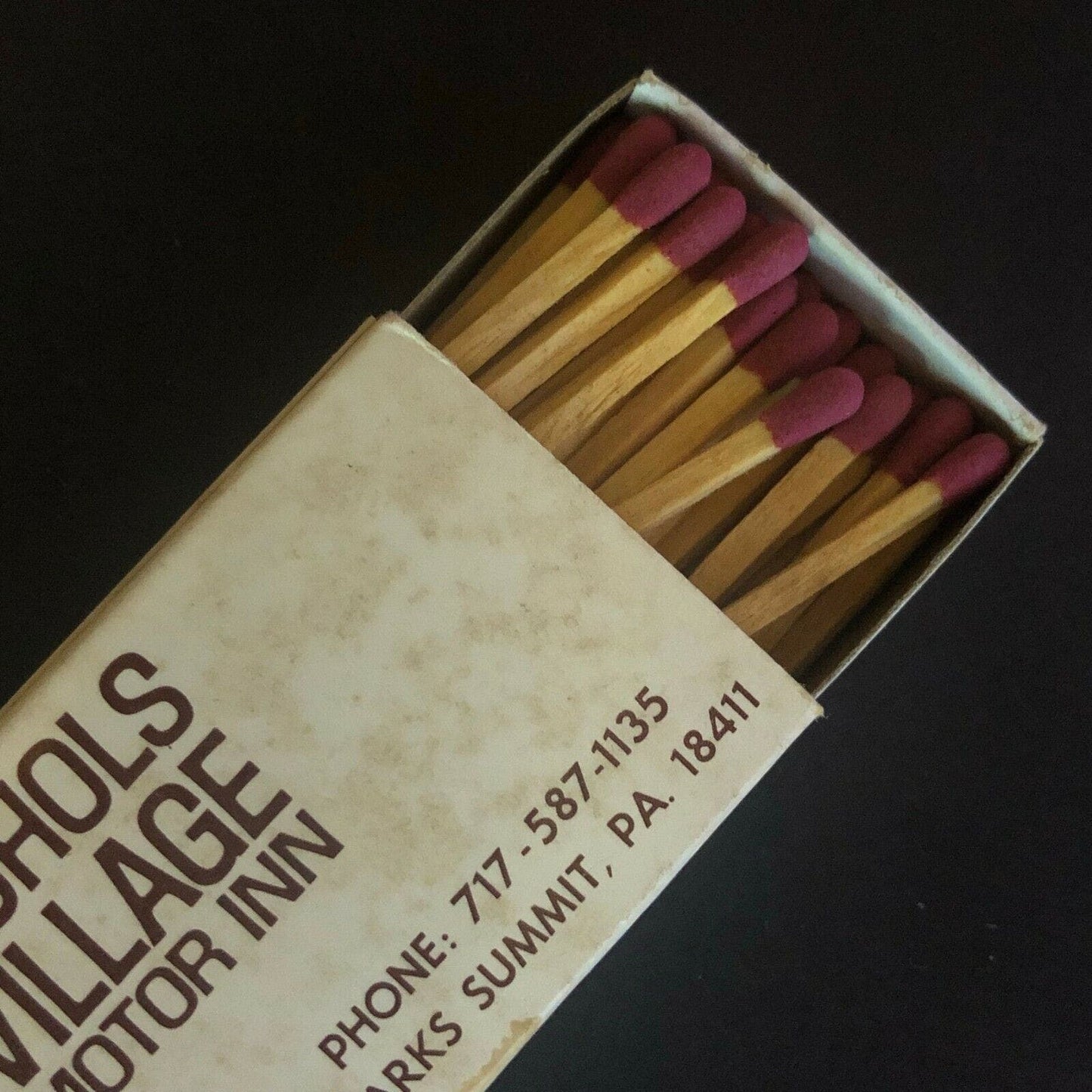 c1970's-80's Wooden Matchbox Matchbook Nicholas Village Motor Inn Clarks Summit