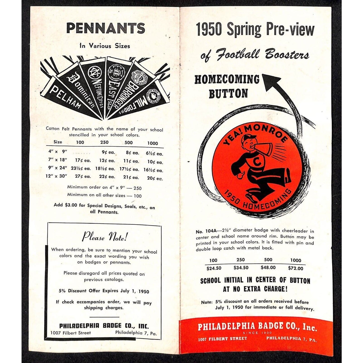 1950 Philadelphia Badge Co. School Football Booster Pinback Button Flyer Sheet