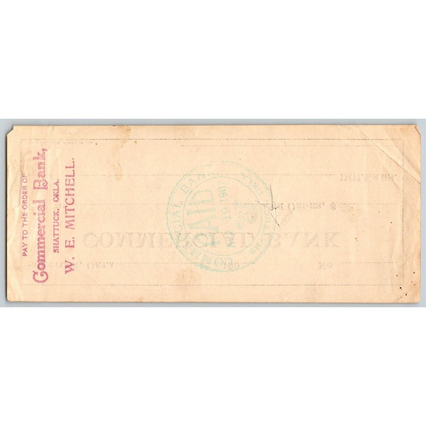 Shattuck, Oklahoma Territory 1907 Bank Check "Commercial / First State Bank"