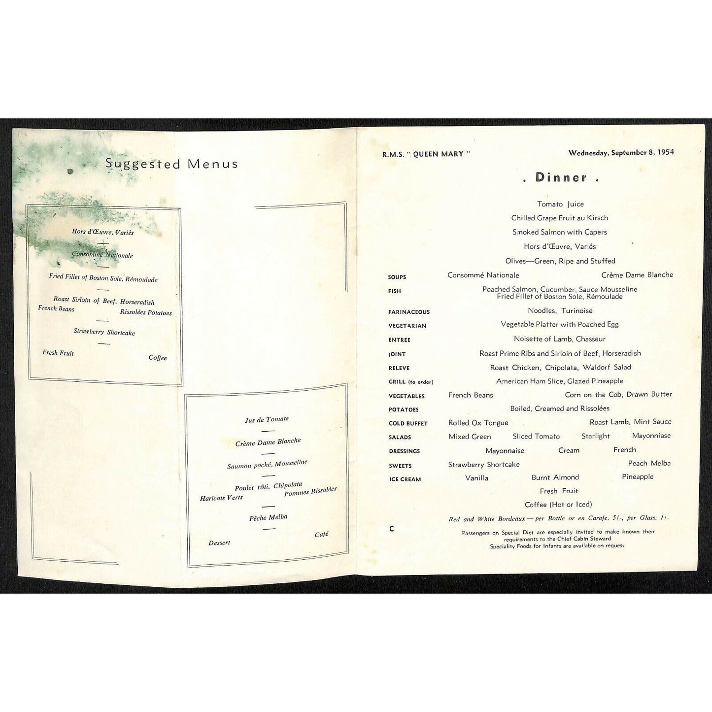 1954 Cunard Queen Mary Cruise Line Dinner Menu Sept. 8 - Flowers