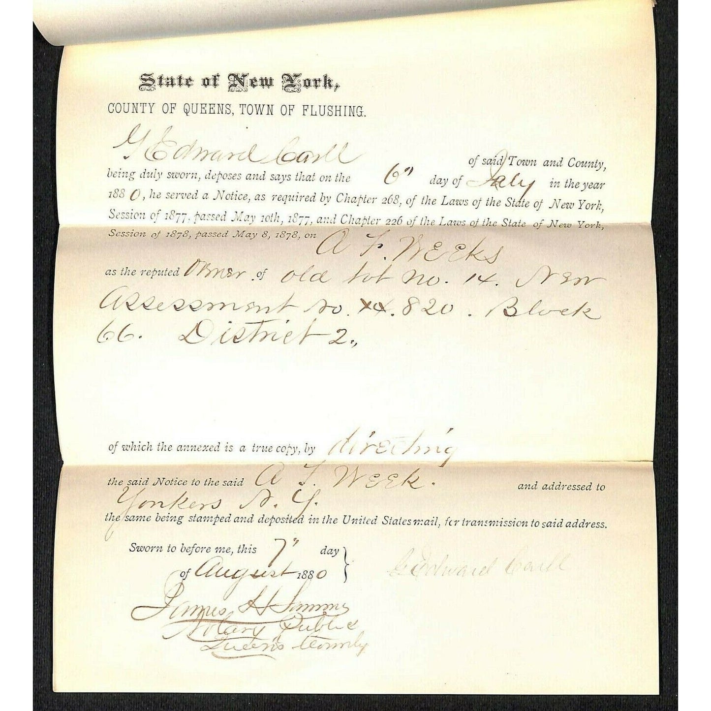 1877 Flushing Queens Unpaid Tax Real Estate Sale - 2pp Legal Document Letterhead