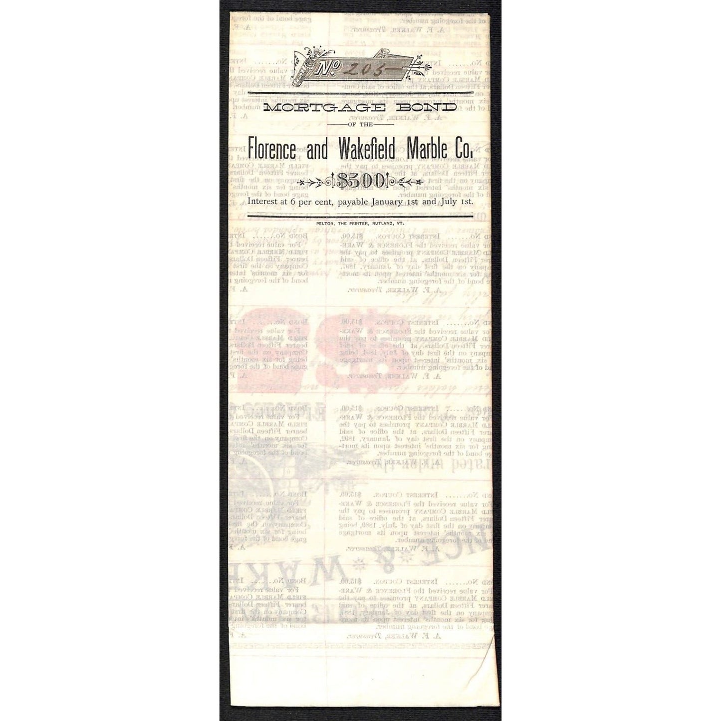 Florence & Wakefield Marble Co. Vermont 1885 $500 Mortgage Bond Certificate