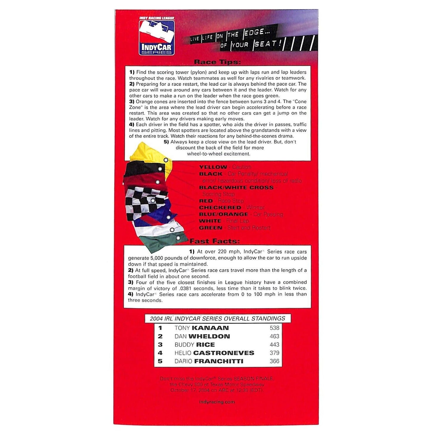 2004 Indy 400 California Speedway Spotter Guide Card Indy Car Series - 500