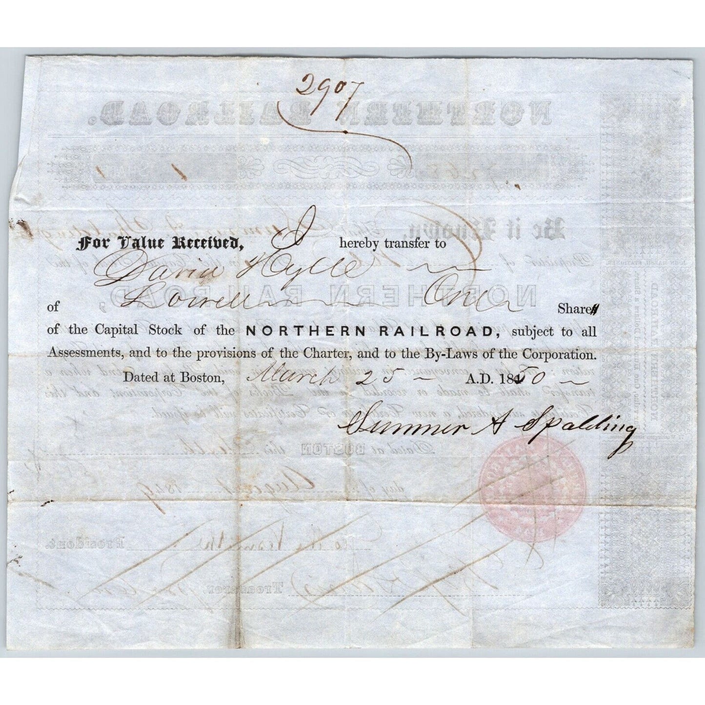 1849 Boston, MA Northern Railroad Stock Certificate No. 7268 for 1 Share