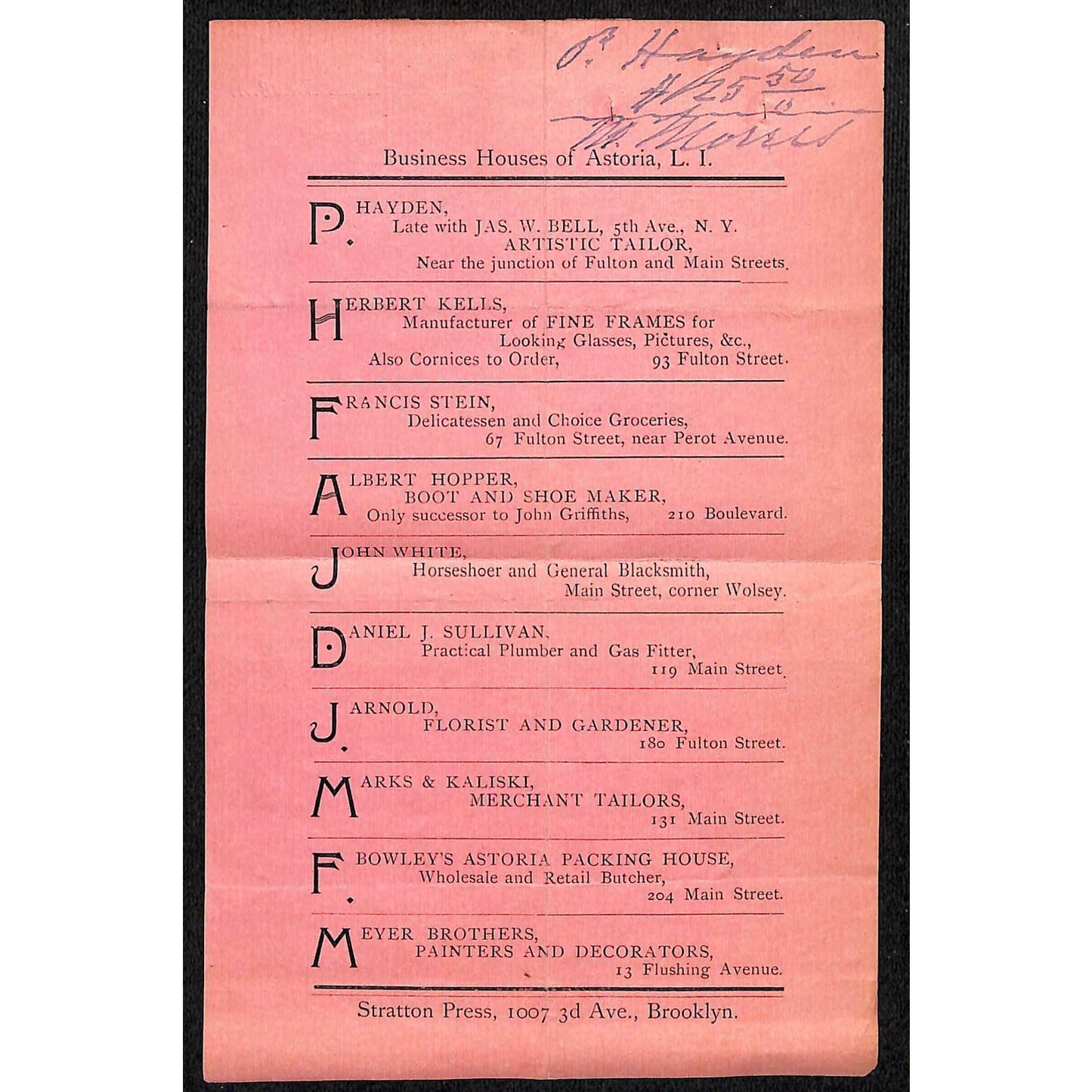 1891 Long Island City, NY Billhead Letterhead P. Hayden Artistic Tailor