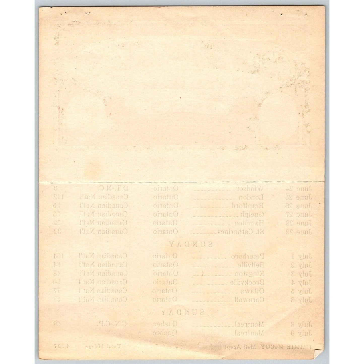 1935 Cole Bros with Clyde Beatty Circus Route Card w/ Ontario & Montreal Stops