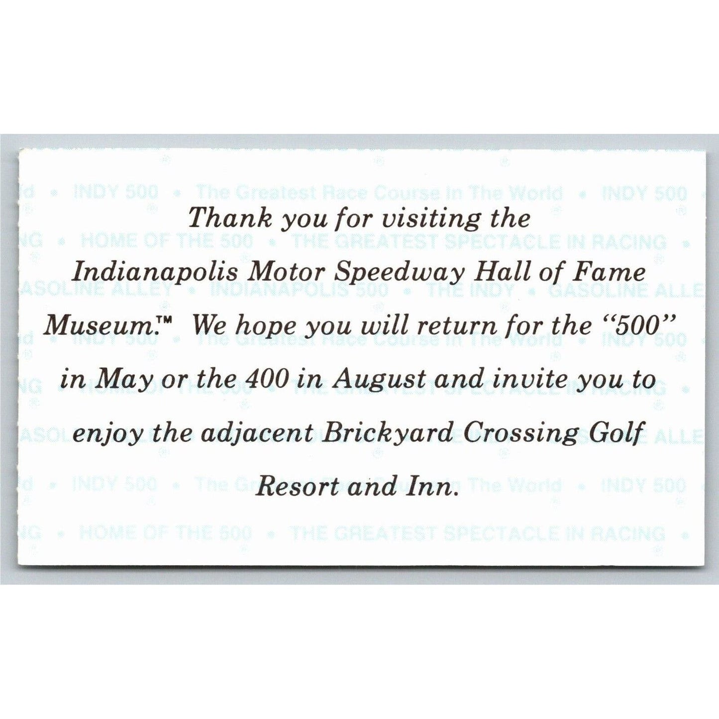 c1990's Indy 500 Hall of Fame Museum Ticket Stub Card Indianapolis #90659