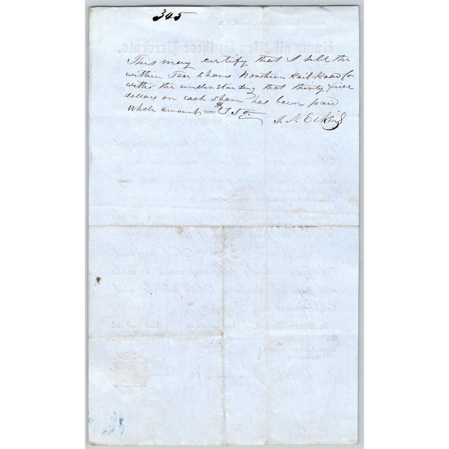 1846 Boston MA Power of Attorney re: Northern Railroad Stock Benjamin Eastman