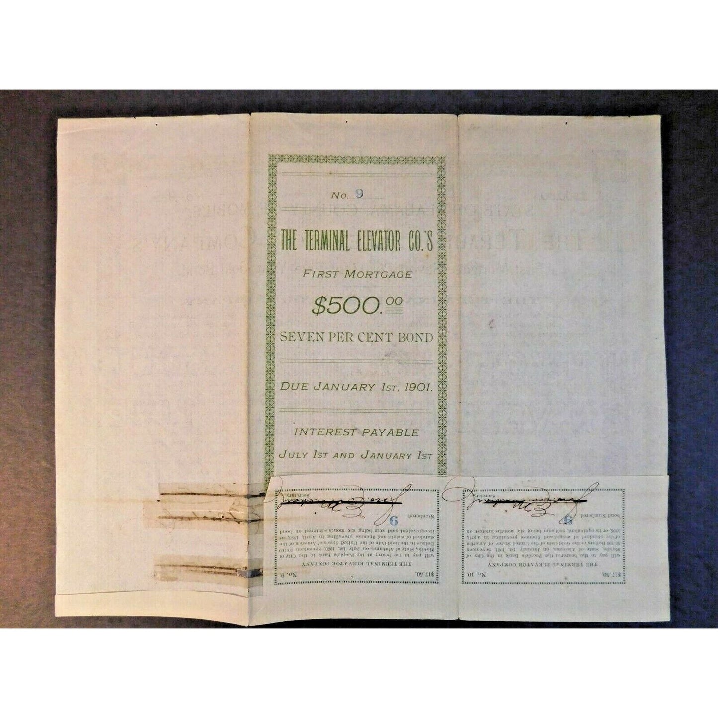 Vintage 1896 Stock Certificate / 7% Bond "Terminal Elevator Co." Mobile Alabama