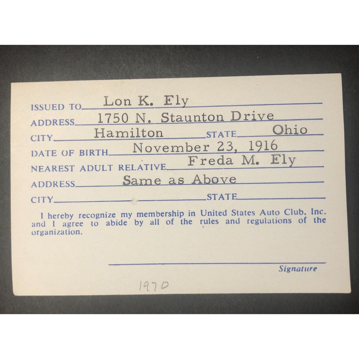 USAC United States Auto Club 1970 Mechanic Member Card - Lon K. Ely