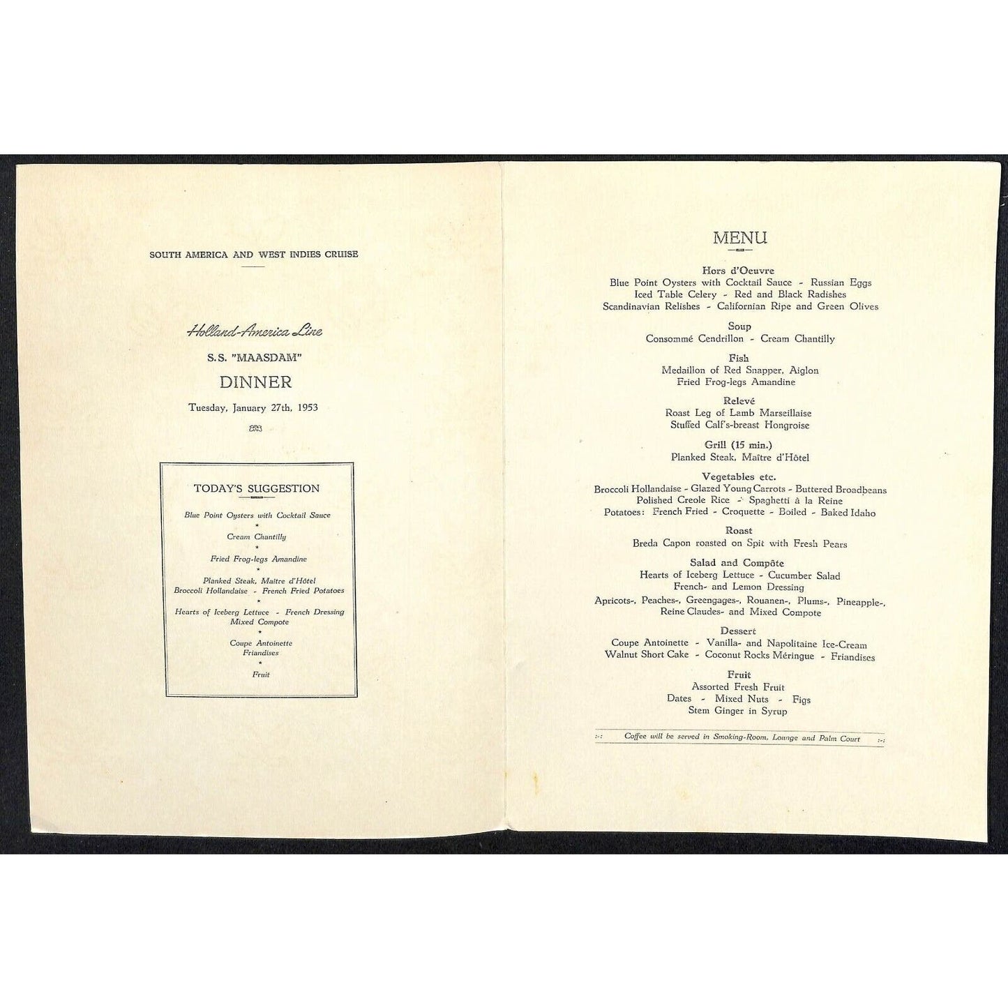 1953 Holland-America Maasdam West Indies Cruise Line Dinner Menu Jan 27 - VGC