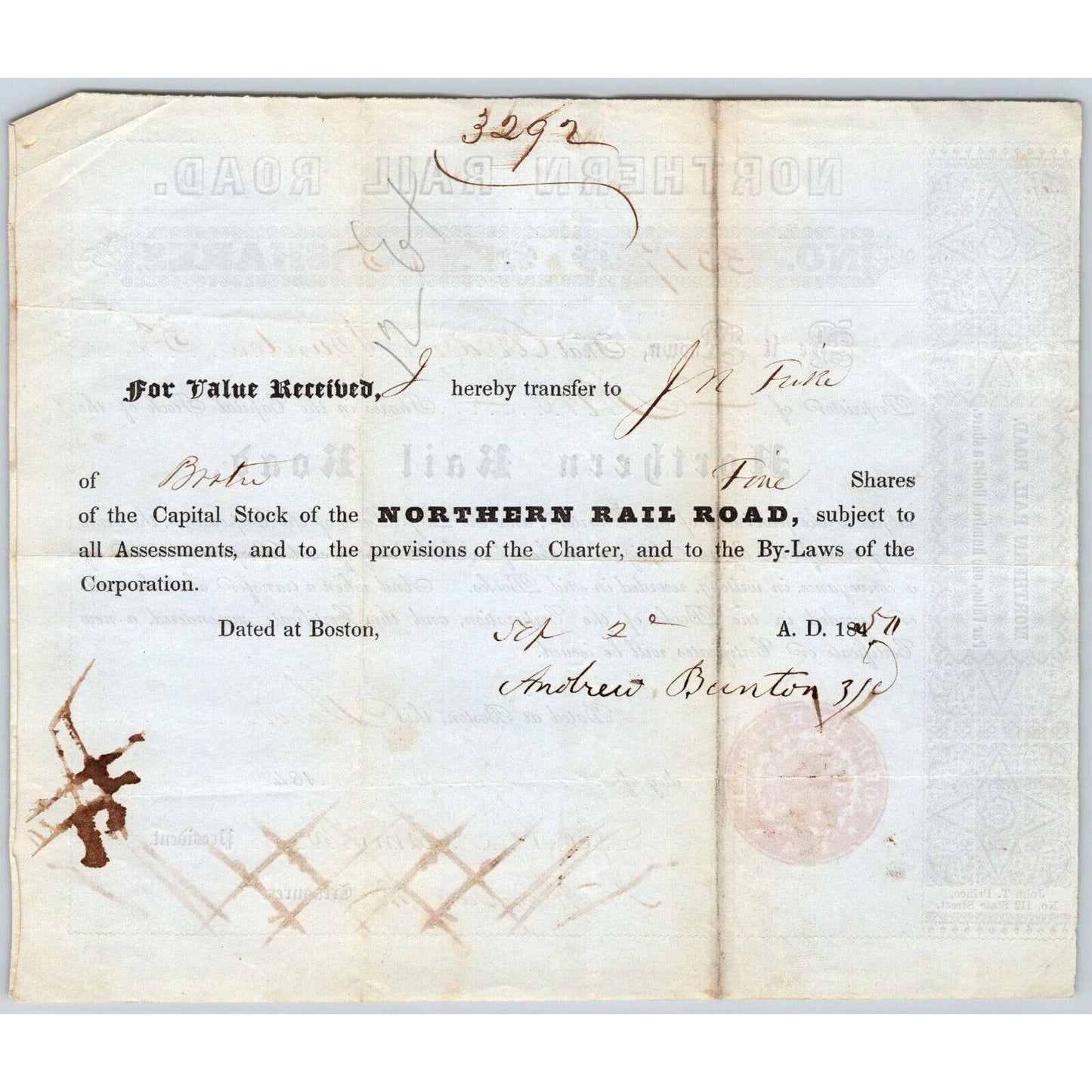 1848 Boston, MA Northern Railroad Stock Certificate No. 3517 for 5 Shares