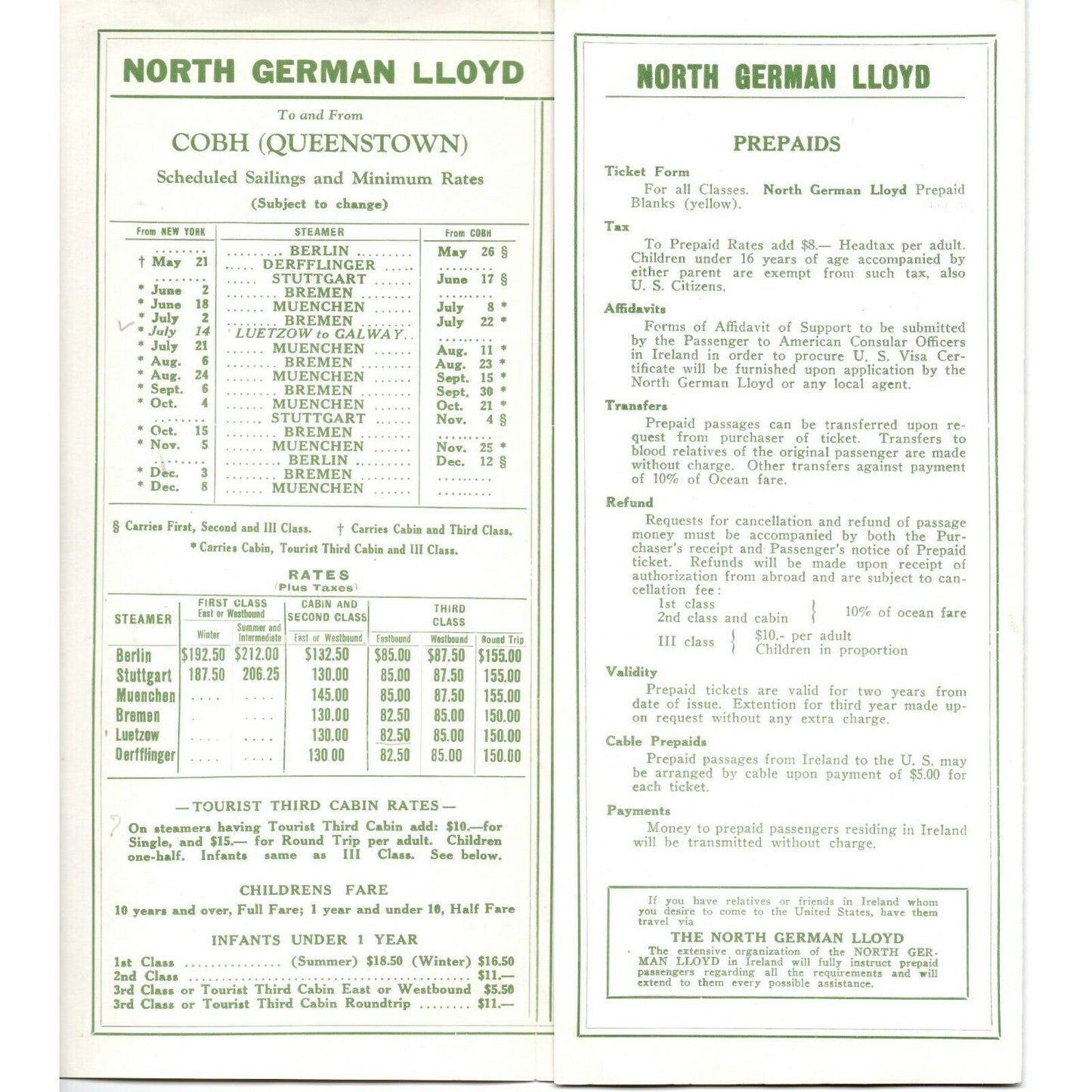 North German Lloyd Cruise Line Rates To and From Ireland - Tri-Fold One Sheet