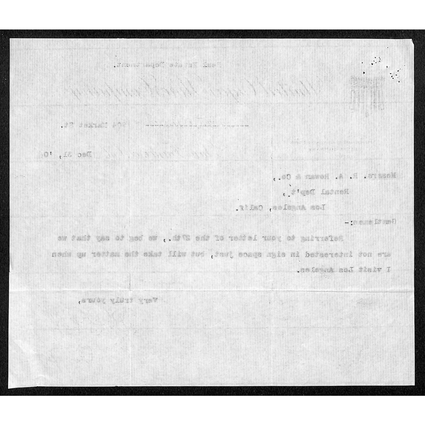 United Cigar Stores Co. First St. San Francisco Letterhead - R.A. Rowan