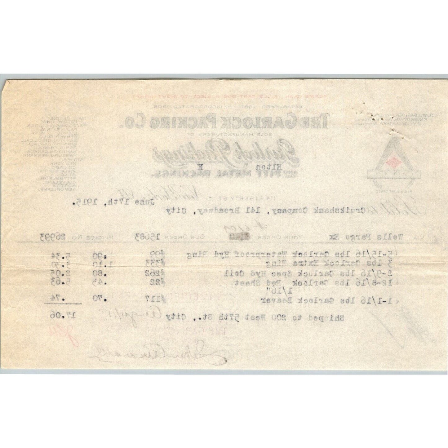 1915 "The Garlock Packing Co." Metal Billhead Letterhead - 114 Liberty St. NYC