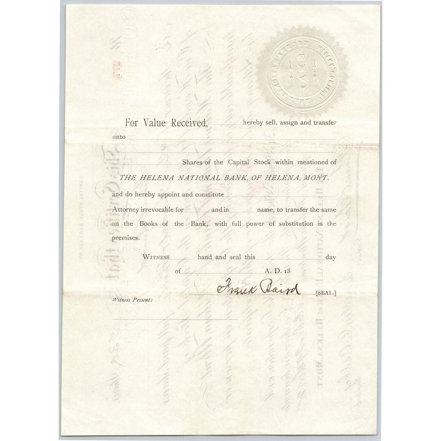 Helena National Bank, Montana 1892 Stock Certificate Cert# 277 for 230 Shares